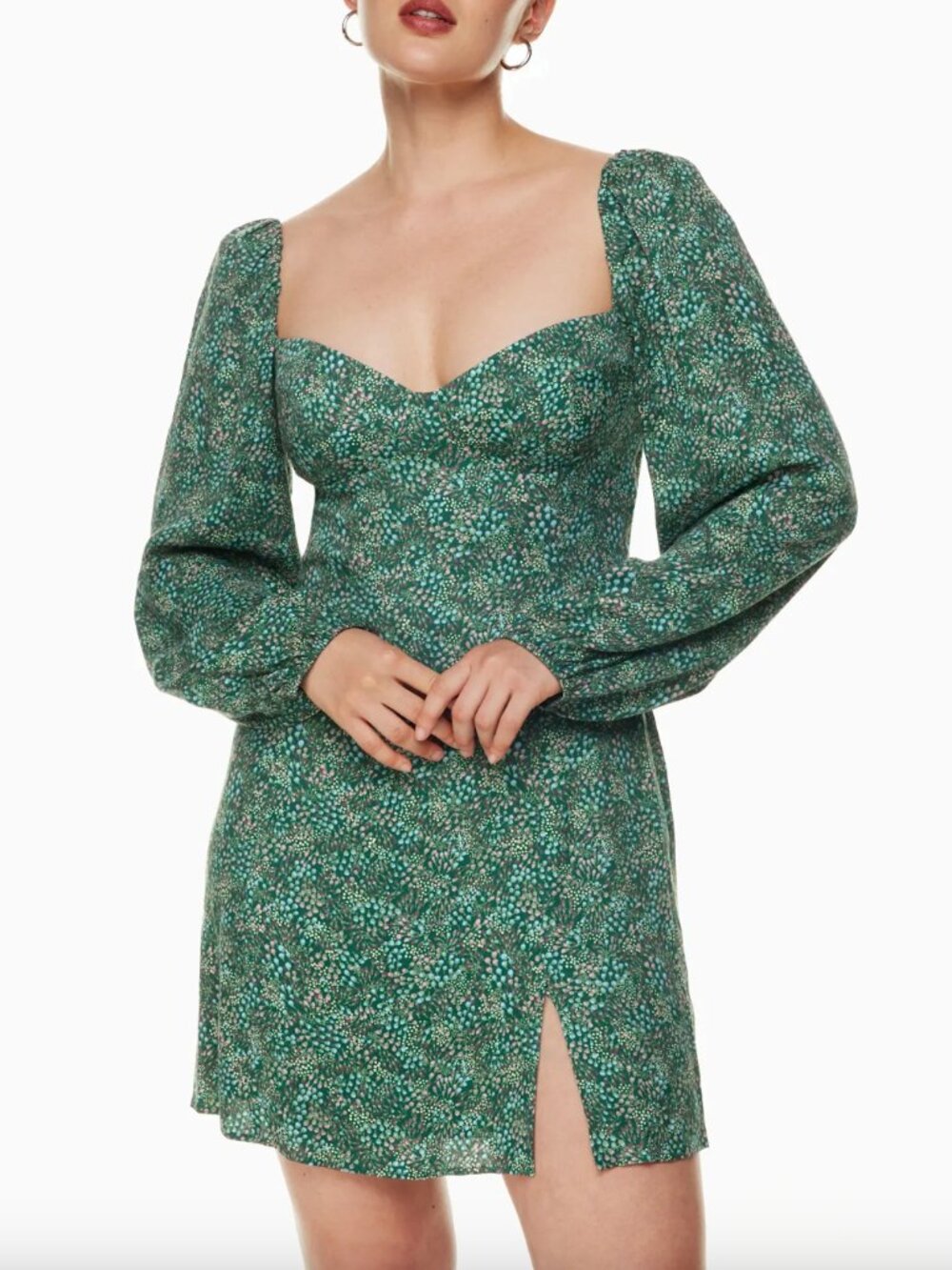 Aritzia • Wilfred Novella Puff Sleeve Sweetheart Floral Green Mini Dress • 10